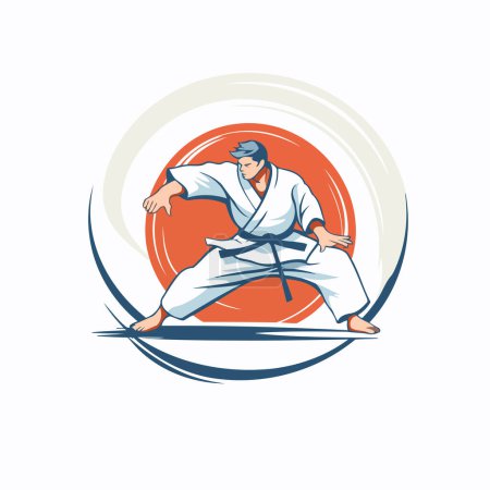 Téléchargez les illustrations : Icône de taekwondo. Illustration vectorielle d'un combattant taekwondo avec ceinture noire sur fond blanc. - en licence libre de droit