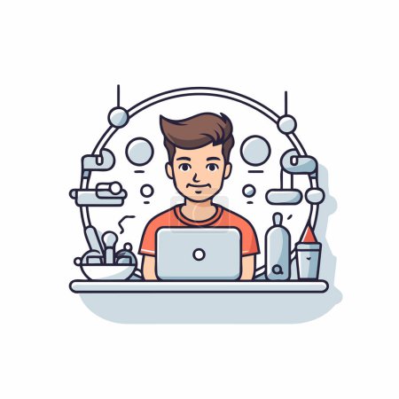 Illustration for Man working on laptop at home. Vector illustration in linear style. - Royalty Free Image
