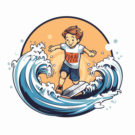 Illustration for Boy surfing in the waves. Vector illustration of a surfer. - Royalty Free Image