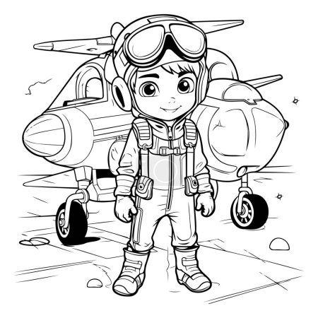 Ilustración de Ilustración de dibujos animados en blanco y negro de lindo personaje piloto de niño con avión o avión para colorear libro - Imagen libre de derechos