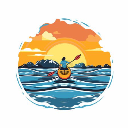 Illustration for Kayaking on the sea at sunset. Vector illustration in retro style - Royalty Free Image