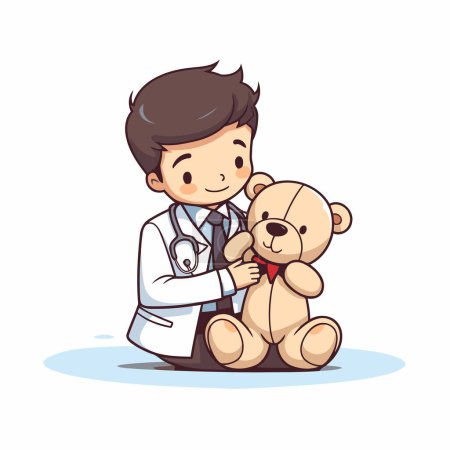 Téléchargez les illustrations : Illustration vectorielle d'un garçon mignon avec un ours en peluche et un médecin - en licence libre de droit