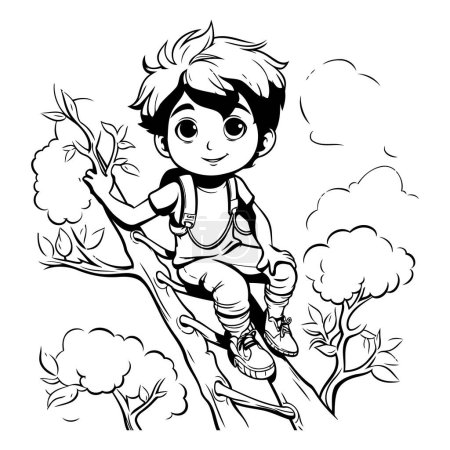 Téléchargez les illustrations : Garçon grimpant sur un arbre. Illustration vectorielle noir et blanc pour livre à colorier. - en licence libre de droit