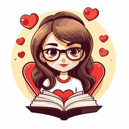 Illustration for Cute cartoon girl in glasses reading a book. Vector illustration. - Royalty Free Image