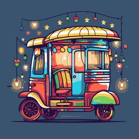 Tuk tuk. Camión de comida callejera. Ilustración vectorial colorida.
