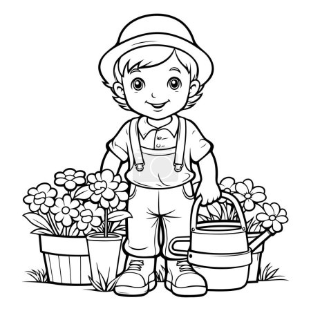 Illustration for Outline illustration of a little boy watering flowers. Coloring book for children - Royalty Free Image