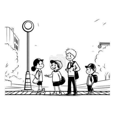Ilustración de Ilustración vectorial de un grupo de niños caminando por la calle. Niños yendo a la escuela. - Imagen libre de derechos