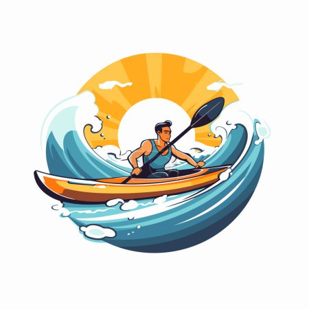 Téléchargez les illustrations : Un homme pagayant en kayak. Illustration vectorielle sur fond blanc. - en licence libre de droit