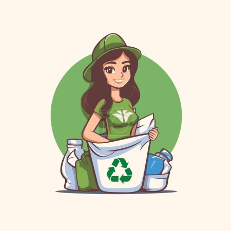 Illustration for Cute girl with recycling bin. Vector illustration in cartoon style. - Royalty Free Image
