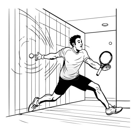 Ilustración de Jugador de tenis con raqueta y pelota. Ilustración vectorial en blanco y negro. - Imagen libre de derechos