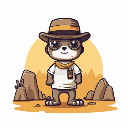 Ilustración de Lindo animal de dibujos animados con sombrero de safari y gafas de sol. Ilustración vectorial. - Imagen libre de derechos