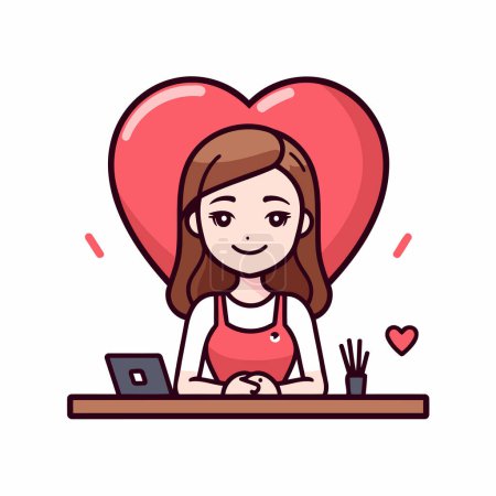 Ilustración de Mujer joven trabajando en el ordenador portátil con el corazón rojo. Ilustración vectorial en estilo de línea. - Imagen libre de derechos