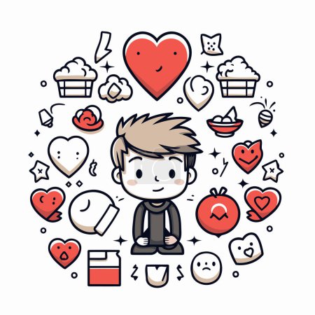 Illustration for Cute cartoon boy with love icons around him. Vector illustration. - Royalty Free Image