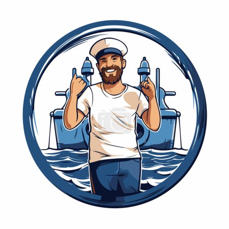 Illustration for Vector illustration of a smiling man in a white T-shirt with a drill in his hand. - Royalty Free Image