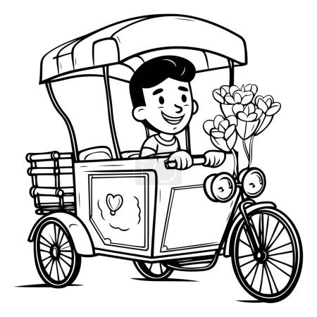 Ilustración de Ilustración vectorial de un joven montado en un triciclo con flores. - Imagen libre de derechos