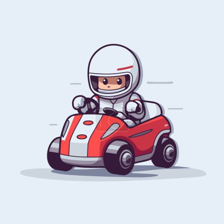 Téléchargez les illustrations : Mignon astronaute dessin animé au volant d'une voiture de course. Illustration vectorielle en style plat. - en licence libre de droit