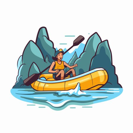 Illustration for Woman paddling a kayak on the river. Cartoon vector illustration. - Royalty Free Image
