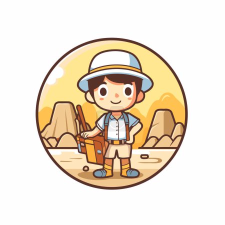 Boy in safari hat with suitcase. Vector illustration in cartoon style