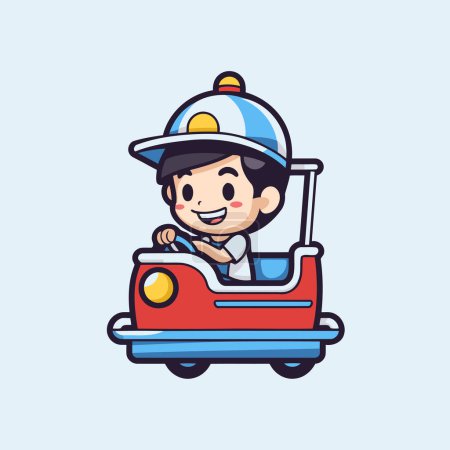 Téléchargez les illustrations : Mignon garçon conduire un jouet voiture avec pompier thème vectoriel art illustration - en licence libre de droit