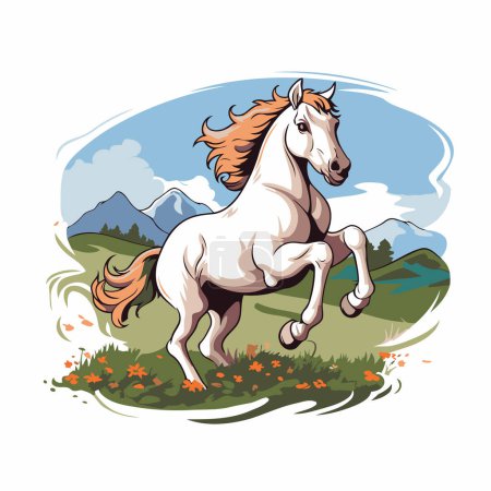Téléchargez les illustrations : Beau cheval blanc courant sur la prairie. Illustration vectorielle. - en licence libre de droit