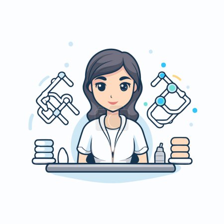 Illustration for Scientist woman working in laboratory. Vector illustration in flat style. - Royalty Free Image