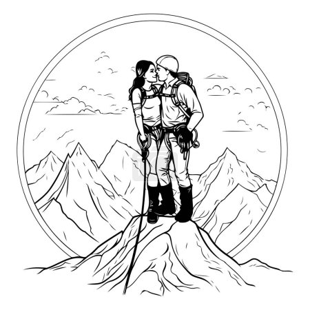 Ilustración de Caminante en la cima de una montaña. Ilustración vectorial de un hombre y una mujer en las montañas. - Imagen libre de derechos
