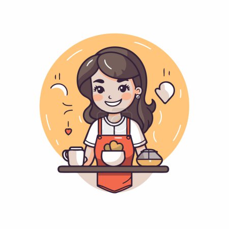 Téléchargez les illustrations : Jolie petite fille servant du café. Illustration vectorielle dans le style dessin animé. - en licence libre de droit