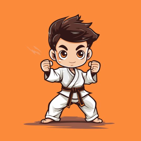 Illustration for Cartoon karate boy on orange background. Vector character illustration. - Royalty Free Image