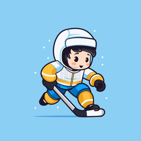 Illustration for Cute cartoon boy playing ice hockey on blue background. Vector illustration. - Royalty Free Image