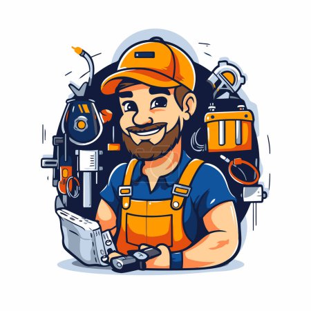 Illustration for Vector illustration of repairman in helmet and overalls holding tools. - Royalty Free Image