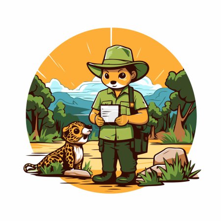 Illustration for African safari explorer with cheetah and map. Vector illustration. - Royalty Free Image