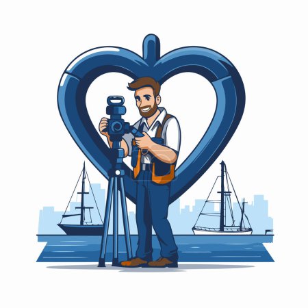 Illustration for Photographer with camera in heart shape on city background vector illustration graphic design - Royalty Free Image