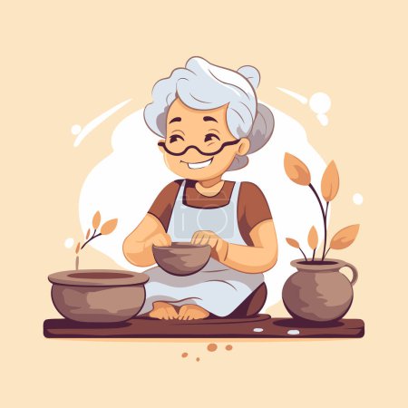 Ilustración de Una anciana con cerámica. Ilustración vectorial en estilo de dibujos animados - Imagen libre de derechos