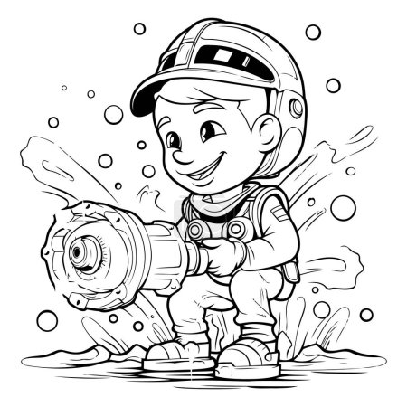 Illustration for Black and White Cartoon Illustration of Cute Kid Boy with Power Tools for Coloring Book - Royalty Free Image