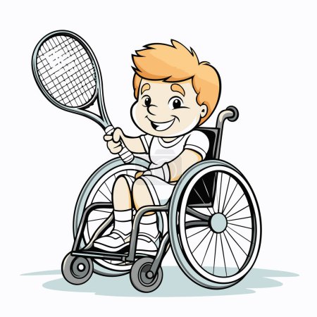 Téléchargez les illustrations : Joli garçon dans un fauteuil roulant jouant au tennis. Illustration vectorielle d'un garçon en fauteuil roulant. - en licence libre de droit