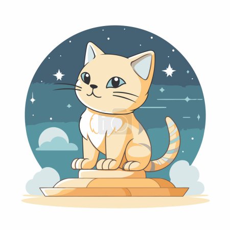 Téléchargez les illustrations : Mignon chat dessin animé assis sur la lune avec des étoiles. Illustration vectorielle. - en licence libre de droit