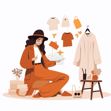 Illustration for Fashionable young woman in overalls and hat sitting on the floor. choosing clothes. Vector illustration - Royalty Free Image