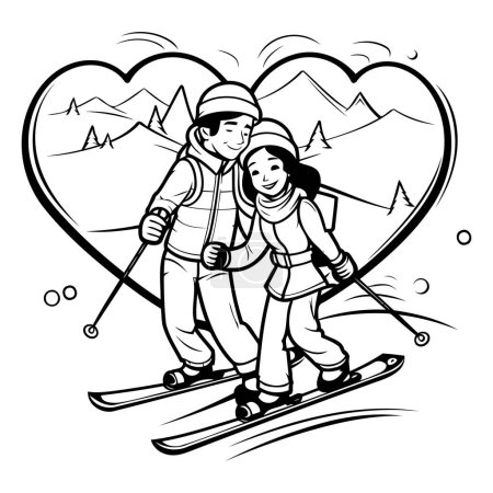 Téléchargez les illustrations : Couple skieur - Illustration de bande dessinée noir et blanc. Vecteur - en licence libre de droit