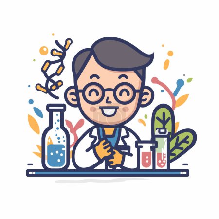Illustration for Scientist with test tube and flask. Vector illustration in flat style - Royalty Free Image