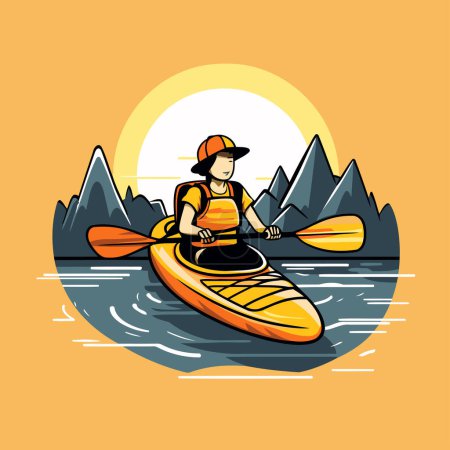Illustration for Kayaking in the mountains. Vector illustration of a man in a kayak. - Royalty Free Image