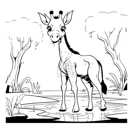 Ilustración de Ilustración de una jirafa parada en el agua y mirando a la cámara - Imagen libre de derechos