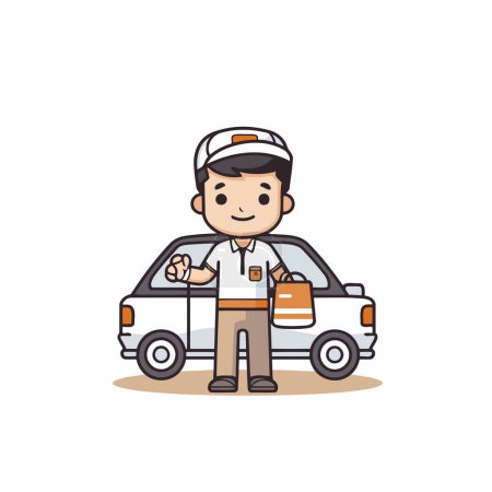 Illustration for Courier with car. Vector illustration in cartoon style on white background. - Royalty Free Image