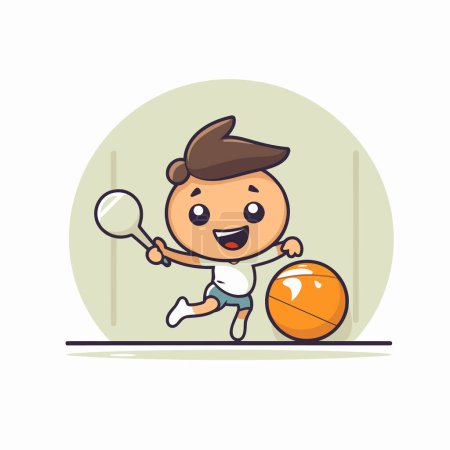Téléchargez les illustrations : Joli petit garçon jouant au badminton. illustration vectorielle de personnage de dessin animé - en licence libre de droit