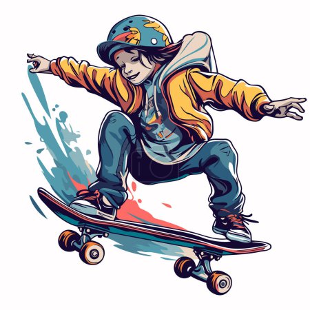 Téléchargez les illustrations : Skateboarder dans des manèges de casque sur une planche à roulettes. Illustration vectorielle. - en licence libre de droit