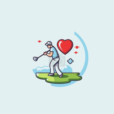 Jugador de golf con corazón y club de golf. Ilustración vectorial.