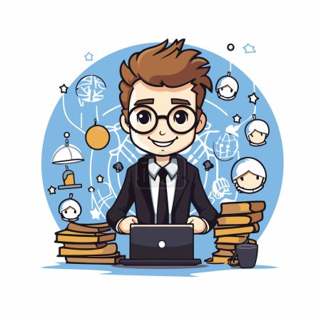 Illustration for Businessman with laptop and business icons around him. Vector illustration. - Royalty Free Image