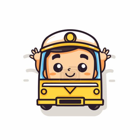 Téléchargez les illustrations : Mignon petit garçon pilote conduite jaune bus scolaire vectoriel illustration. - en licence libre de droit