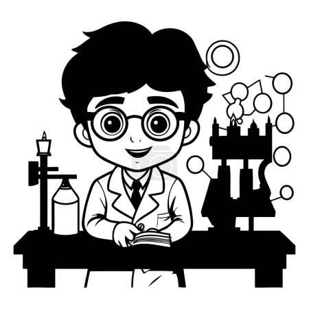 Illustration for School boy with book and science icons black and white vector illustration graphic design - Royalty Free Image