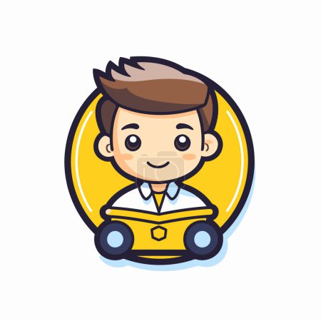 Téléchargez les illustrations : Boy Car Ride Icon - Illustration vectorielle de bande dessinée. Isolé sur fond blanc - en licence libre de droit