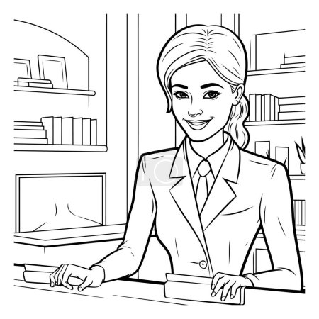 Téléchargez les illustrations : Femme d'affaires au bureau. Illustration vectorielle noir et blanc pour livre à colorier. - en licence libre de droit